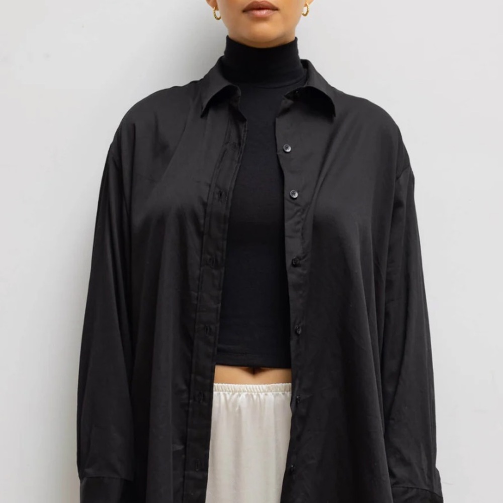 Leset Yoko Oversized Button Down Cotton Long Sleeve Blouse Top Black